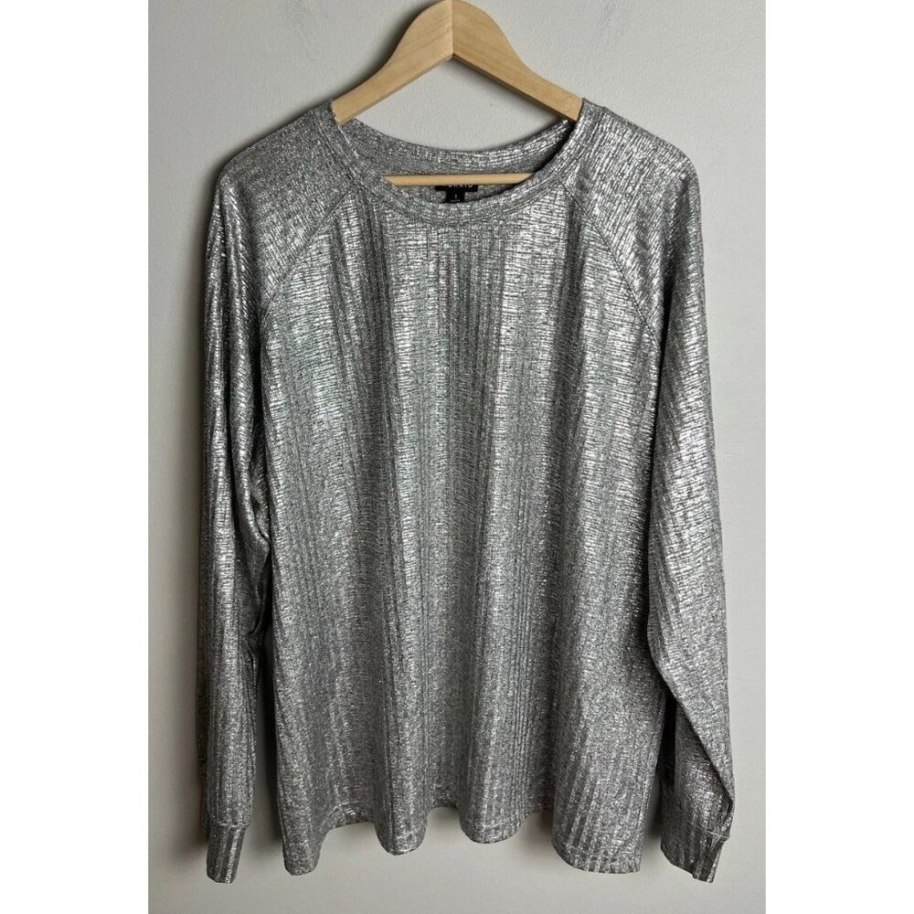 Torrid Silver Metallic Foil Ribbed Long Sleeve Top Crew Neck Plus Size 1 Womens